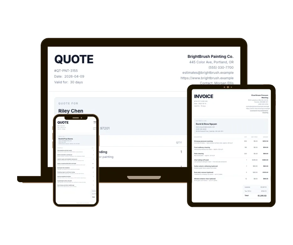 CreekQuote quote and invoice previews on laptop, tablet, and phone